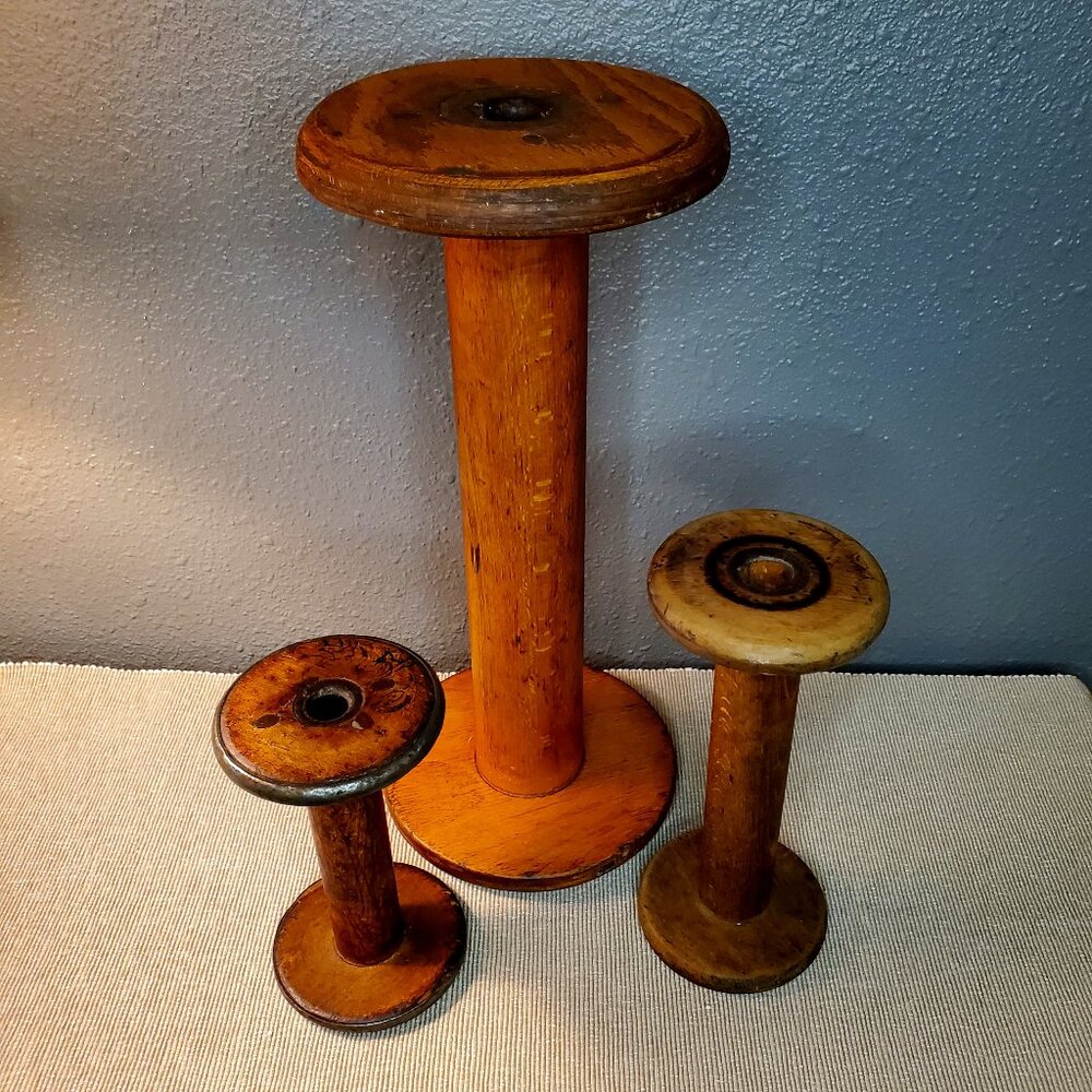 Vintage Wooden Textile Spools RARE LARGE 15.5" TALL Spool Set of 3 Bobbins